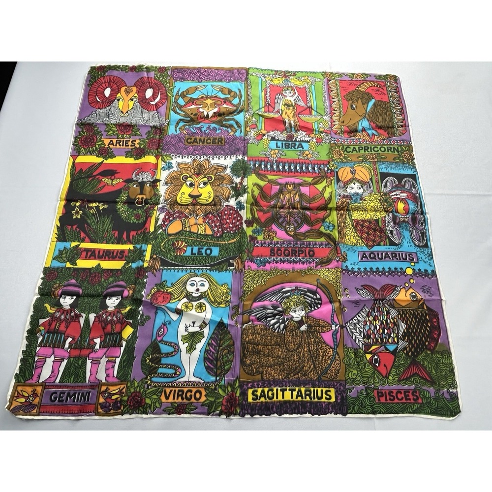 Vintage Zodiac Scarf Textile 23x22.5 Astrology 12 Signs Colorful Celestial Boho